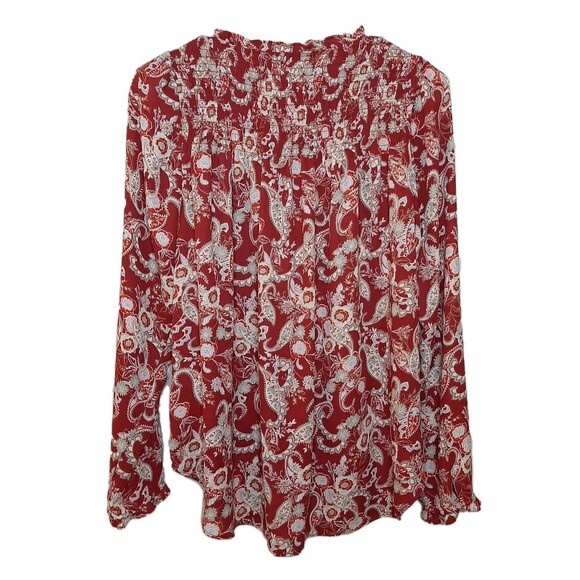 Rose + Olive Blouse Red Women Size M Boho Tassels Paisley Long Sleeve Button Up - Picture 9 of 11